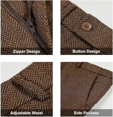 Retro 3 Piece Herringbone Tweed Suit Men's Wool Tuxedos Set Prom Brown Grey Jacket Blazer Vest Pants Themed Wedding L3