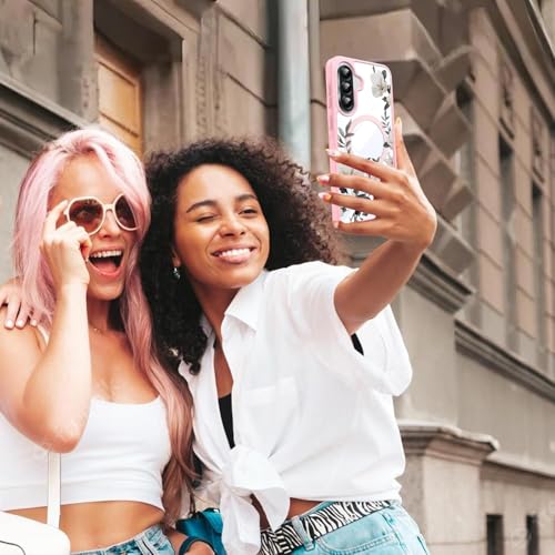 Image of VONZEE Compatible with Samsung Galaxy A36 5G Case Luxury Retro Flowers Floral Clear for Magnetic Wireless Charging Case Shockproof Case PC+TPU Cute Glossy Shiny Cover for Girls Women, Pink