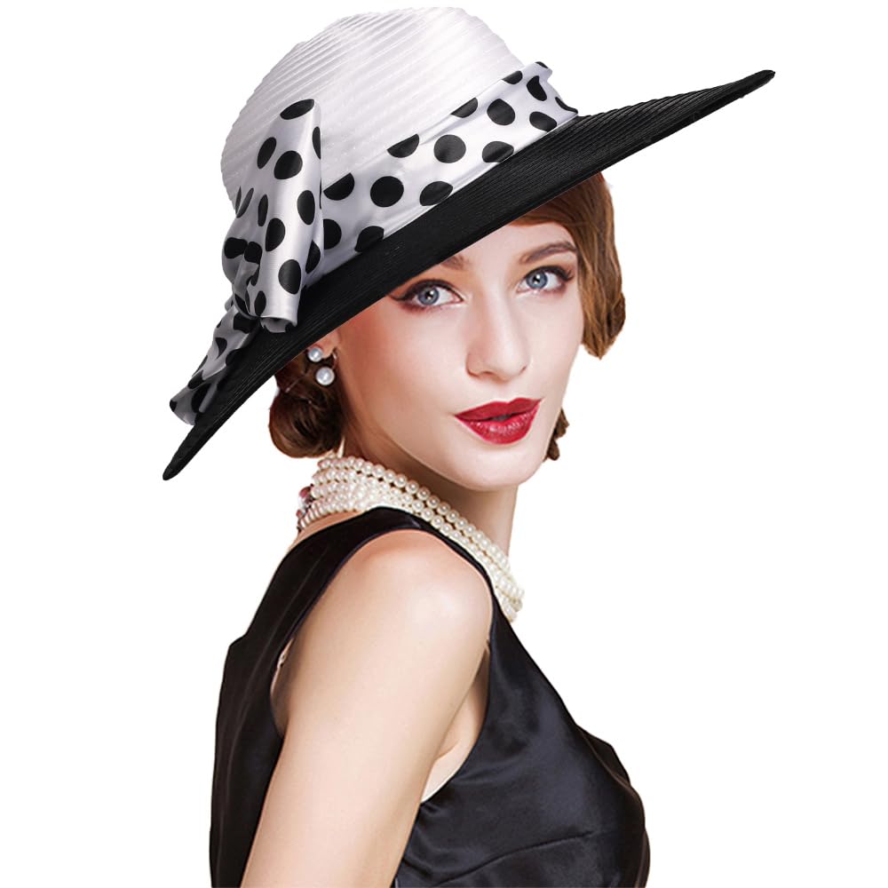 Wide Brim Kentucky Hat for Women Tea Party Dress Cocktail Derby Hat with Big Bowknot Polka Dots Sun Fedora Hats White Black