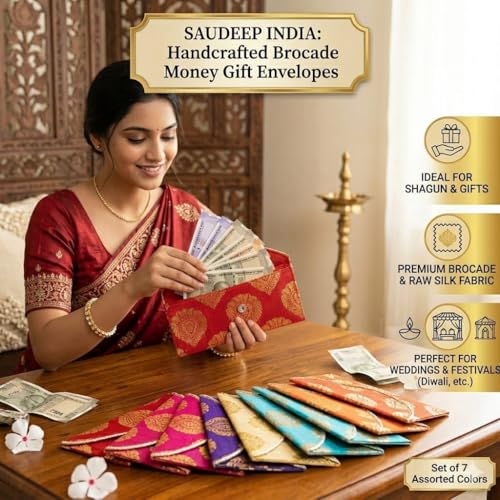 Image of SAUDEEP INDIA Pack of 5 Raw Silk Fabric Money Gift Envelopes for Wedding, Marriage, Haldi, Mehendi, Birthday & Festivals | Designer Cash Shagun Covers for Gifting | MultiColor Traditional Lifafa
