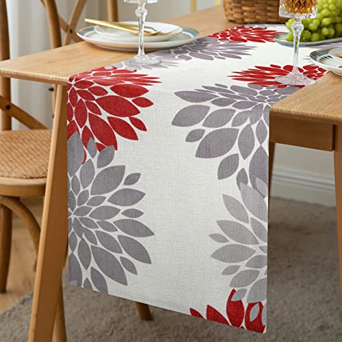 Velvhom Tischläufer Frühling Sommer Moderne Rot Grau Tischläufer Doppelt Strapazierfähig Dahlie Floral Tischmatten Läufer für Esstisch Hochzeit Geschenk Party Hochzeit Tischläufer Leinen 40x140 cm