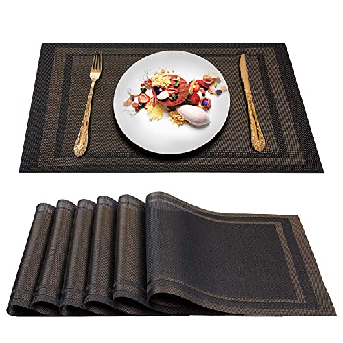 ARTAND Placemats Set of 6, Woven Placemats for Dining Table, Boho Decor Plastic Table Place Mats, Vinyl Table Mats for Indoor Outdoor Black Gold Frames