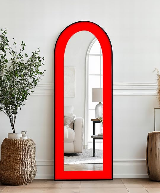 Specchio da terra astratto a lunghezza intera, 68,3 x 168,2 cm, rosso, specchio da pavimento colorato con cornice nera