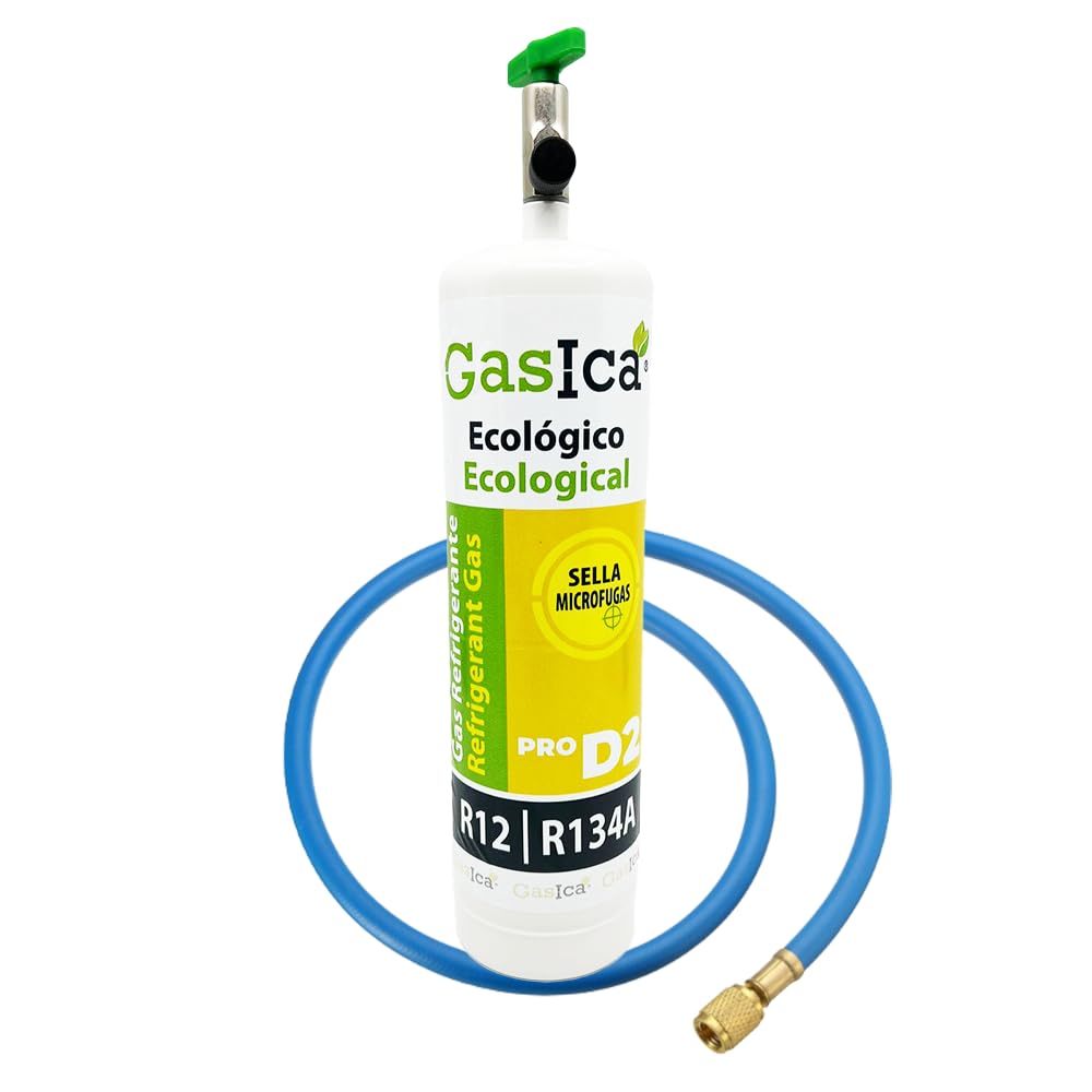 Gas Refrigerante Ecológico Orgánico GASICA D2 PRO Compatible con R134A y R12 – Envase de 900 g Equivalente con Válvula y Manguera Incluidas