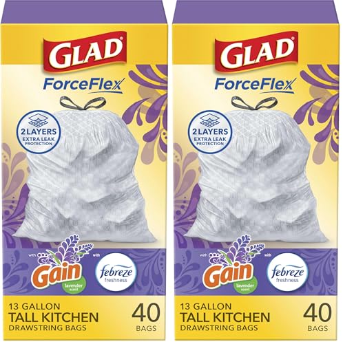 Image of Glad Trash Bags, ForceFlex Tall Drawstring Garbage Bags, 13 Gallon White Trash Bags for Tall Kitchen Trash Can, Mediterranean Lavender with Febreze Freshness to Eliminate Odors, 40 Count (Pack of 2)