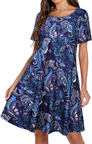 Image of Womens Summer Dresses Beach Casual Loose Tshirt Floral Short Sleeve Flowy Pockets Sundresses 2026