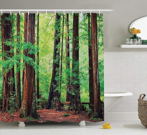 Gaakvrr Duschvorhang, grüner Wald, Rotholz, Baum, Naturlandschaft, wasserdicht, Badezimmervorhang-Set mit 12 Haken (200 x 180 cm)