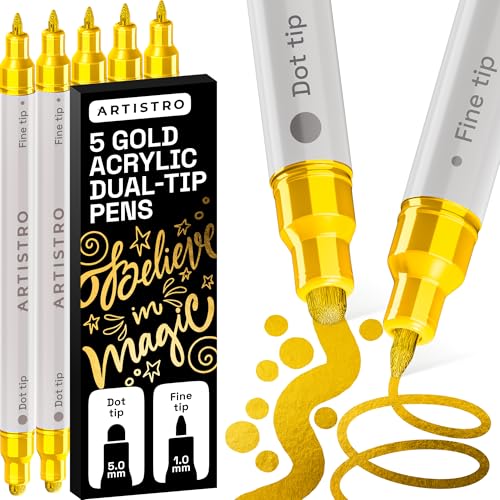 Image of ARTISTRO 5 Gold Acrylic Paint Markers for Rock, Fabric, Wood, Glass, Eggs - Dual-Tip Paint Pens for Coloring Books for Adults, Teens, Kids - Art & Craft Supplies - Gift Idea - Easter Basket Stuffers