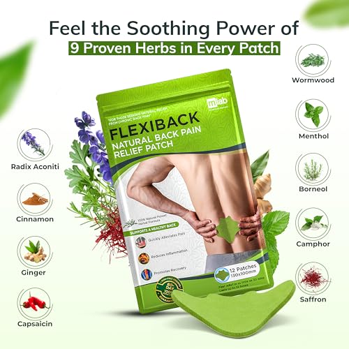 Image of FlexiBack Warming Herbal Back Pain Patches with 12-Hour Extra Strength & Adhesion - Bone-on-Bone, Spinal Joint Inflammation & Muscle Strain Support - 12 Heat Patches for Lower Back Pain Relief