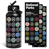 National Parks Water Bottle with Stickers Kit, Adventure Flask with Straw, Waterproof Stickers for Water Bottle, Insulated Stainless Steel 32oz (Black)