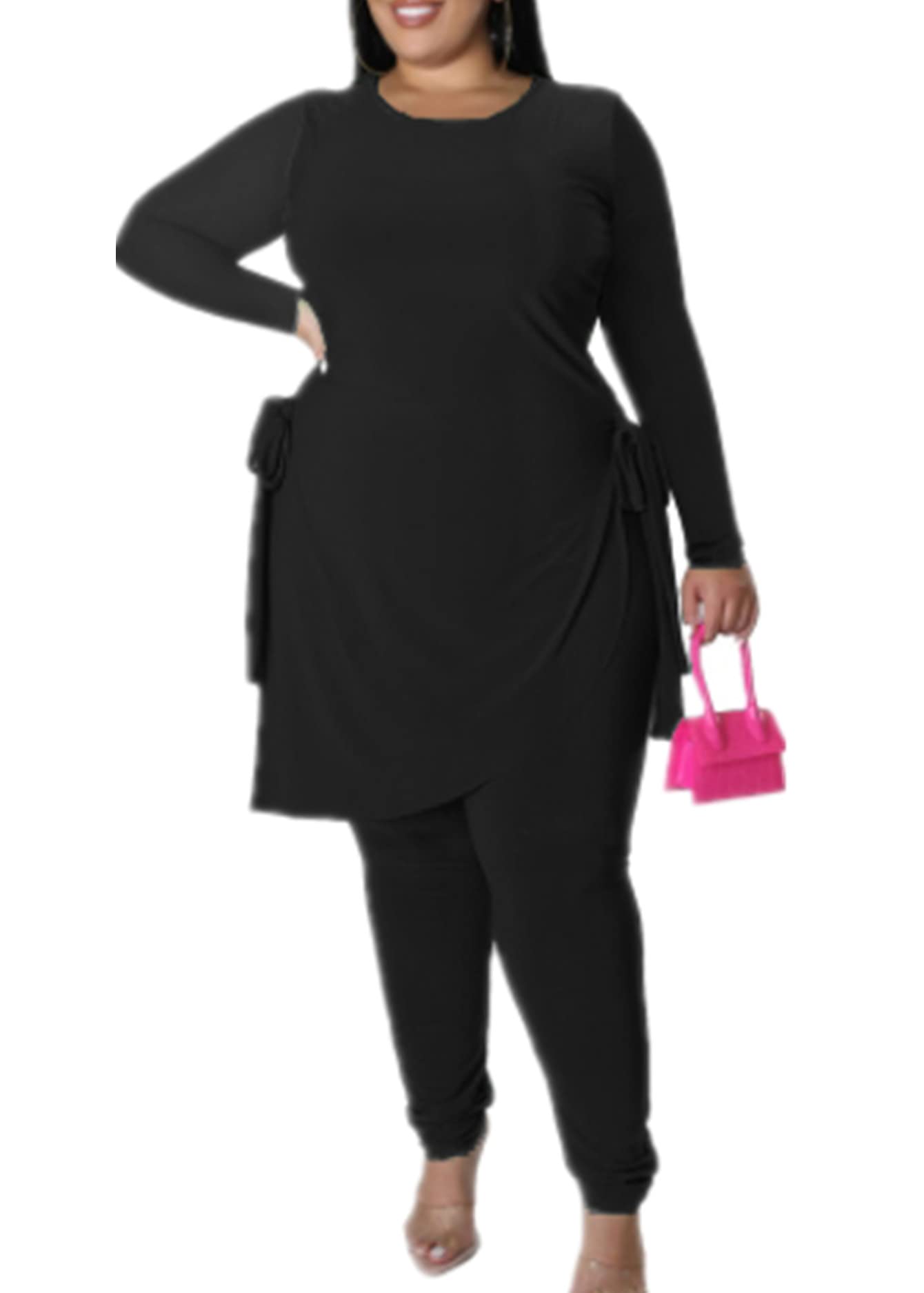 MRSFITOK Plus Size 2 Piece Outfits for Women Pants Sets Sexy Elegant Long Sleeve Split Shirt Bodycon Casual tracksuits