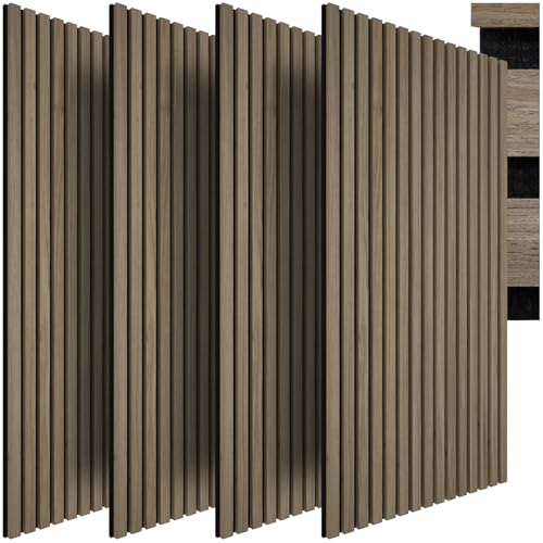 tectake® Paneles Acusticos Decorativos MDF, Chapa de Madera Real, Excelente Acústica, Tejido de Fieltro y Madera, Insonorización Acústica Pared - 60 x 120 x 2,1 cm 4 Paneles Roble Oscuro