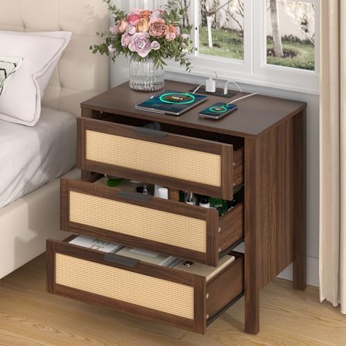 HOMMPA Rattan Night Stand with Charger Station, 26'' Wide Boho Nightstand with 3 Drawer, Modern Bedside Table with USB Port & AC Outlet, Bed Side End Table Dresser with Open Shelf for Bedroom, Walnut - image 7