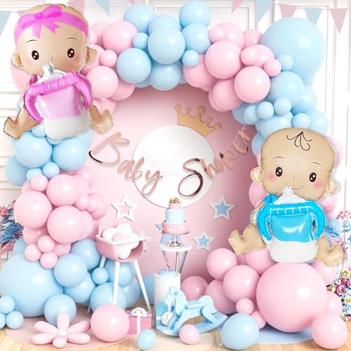 Image of Rozi Decoration Baby Shower Party Decor Set with Foil Banner, Girl & Boy Balloons, Pink Blue Latex Assortment, Celebration Backdrop Kit Pack of 63