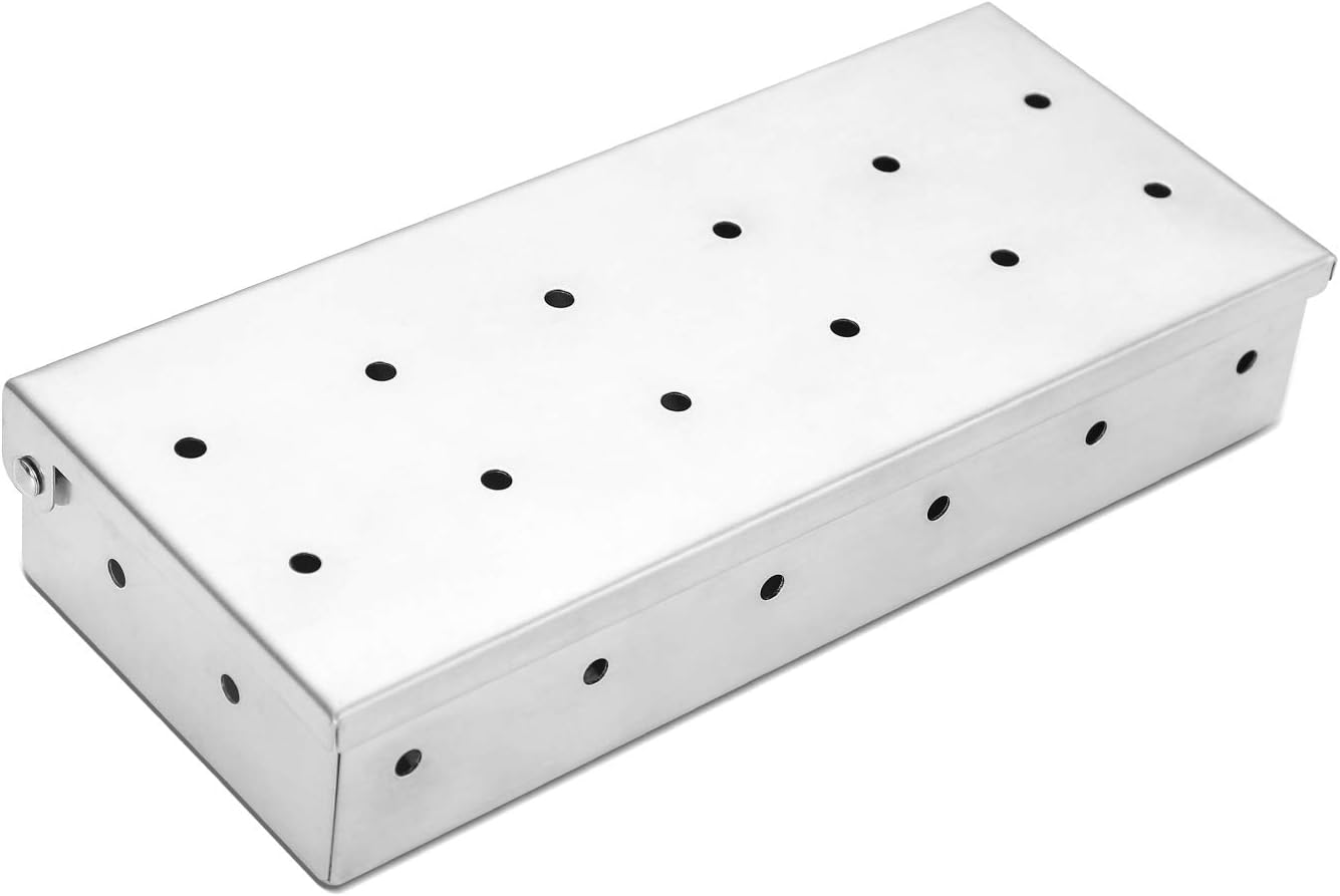 Ulikey Smoker Box, BBQ Smoker Box for Smoking Chips and Wood Smokers, Rust Proof Stainless Steel Smoker Box, Barbecue Accessories for Gas Grill for Meat Smoking (Silver)