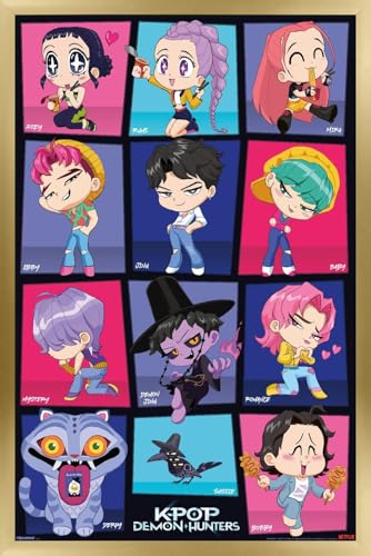 Trends International Netflix KPop Demon Hunters (2025) - Chibi Grid Wall Poster, 34L x 22.4W, Gold Framed Version