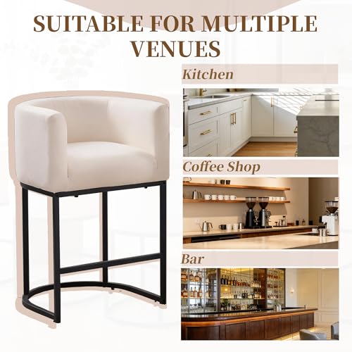 Image of 26 inch Counter Height Bar Stools Set of 2, Linen Fabric Upholstered Barrel Chairs with Back and Arms, Metal Frame Kitchen Island Stools with Footrest, Beige Fabric