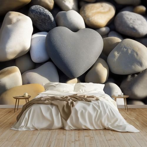 Papier Peint Galets En Forme De Cœur Panoramique Peinture Murale Interieur 200x140 cm pour Salon Chambre à Coucher D'Enfant Maison Décoration Murale, Gris
