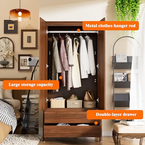 Image of Furniway Armoire Wardrobe Closet, 70.9 inch Tall Wardrobe Cabinet with 2 Doors, 2 Large Drawers and Hanging Rod, Wooden Clothing Storage Cabinet for Bedroom, Cloak Room, Walnut