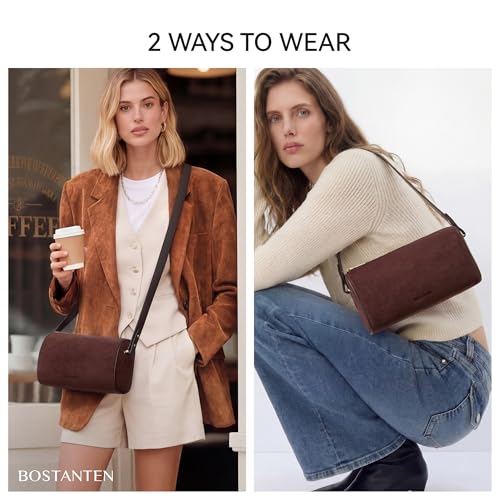 Image of BOSTANTEN Shoulder Bag for Women Suede Leather Crossbody Purse with 2 Strap | Multi Carrying Ways, Luxury Barrel Style, Compact But Roomy, Lightweight, Trendy Versatile for Everyday Commute Office