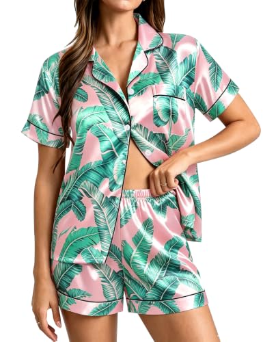 Image of SWOMOG Womens Silk Satin Pajamas Set Short Sleeve Sleepwear Button Down Top and Shorts Loungewear 2 Piece Pjs Set XS-3XL