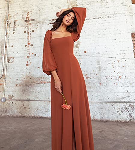 BONOYUER Women's Puffy Long Sleeve Bridesmaid Dresses with Slit A Line Square Neck Formal Prom Evening Gown3