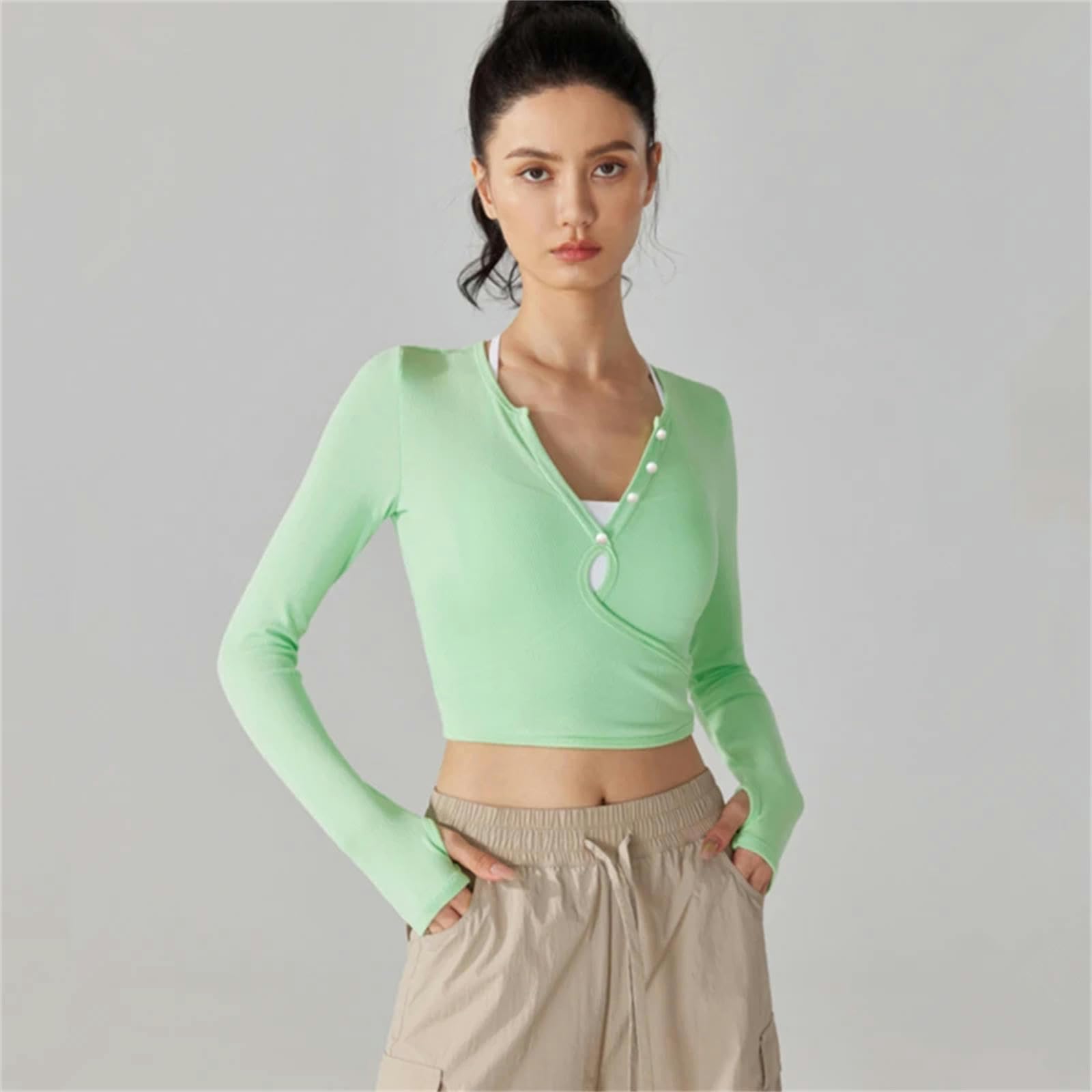 Camiseta Mujer Mujeres Camisas Delgadas De Yoga Manga Larga Camisetas De Manga Larga Agujero En V Tops Blusa