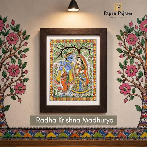 Image of PAPER PAJAMA Radha Krishna Wall Art for Living Room | Madhubani Mithila Folk Painting | Traditional Indian Devotional Artwork Framed Home Decor for Bedroom, Office & Temple (10x13 Inches)