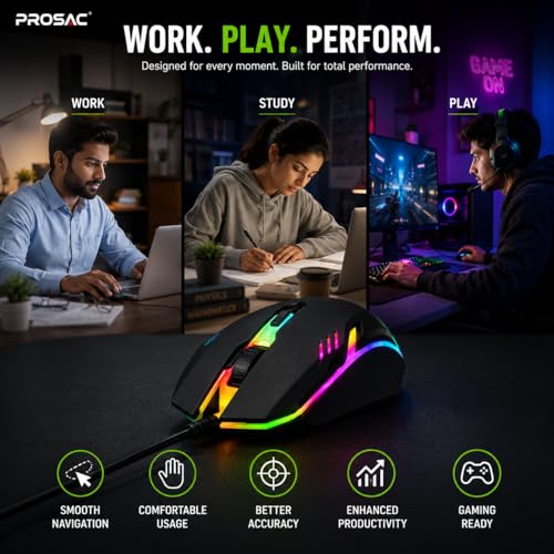 Image of PROSAC RGB Backlit USB Gaming Mouse | Precision Optical Tracking | Comfortable Grip | Wired Mouse for Gamers and Professionals