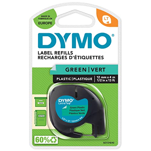 Dymo LetraTag etichette originali in plastica | rotolo da 12 mm x 4 m | stampa nera su verde | LT etichette autoadesive per etichettatrice LetraTag | 1 pezzo