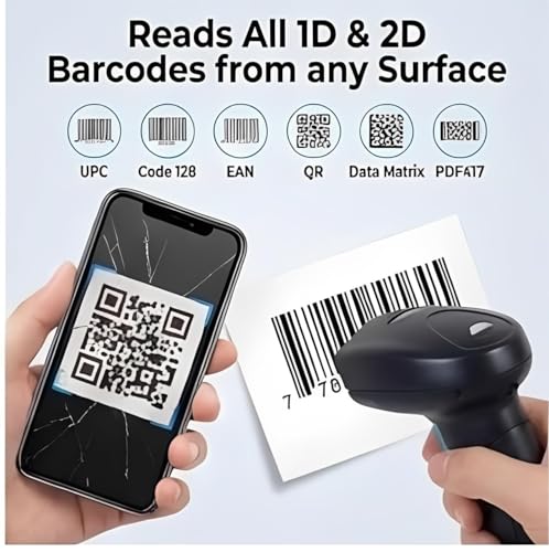 Image of Wireless 2D & 1D (Bluetooth + USB+2.4 GHz) Barcode Scanner Wireless & Wired | QR Code Scanner Rechargeable | USB Handheld Barcode Reader with Induction Scanning, Built-in Light, ABS Body