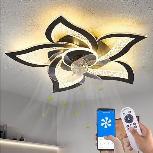 Ceiling Fan with Lights Remote Control Black Personalized Ceiling Fan with Light 6 Speeds 3 Light Color Flush Mount Ceiling Fan for Kitchen Bedroom