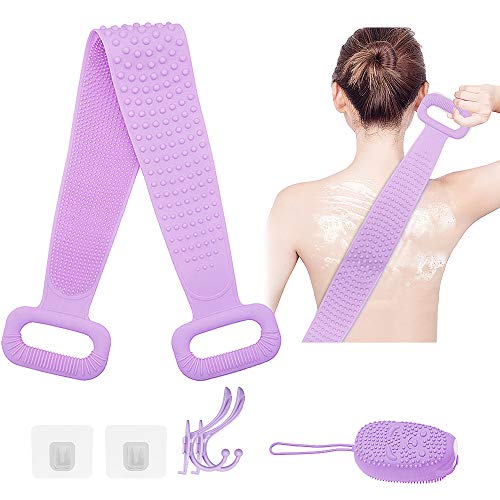 DALV Silicone Bath Body Scrubber Shower Set, 30in Silicone Back Brush & Silicone Loofah, Exfoliating Texture Facial Clean Skin Massage Silicone Back Scrubber with 2 Self-adhesive Hooks