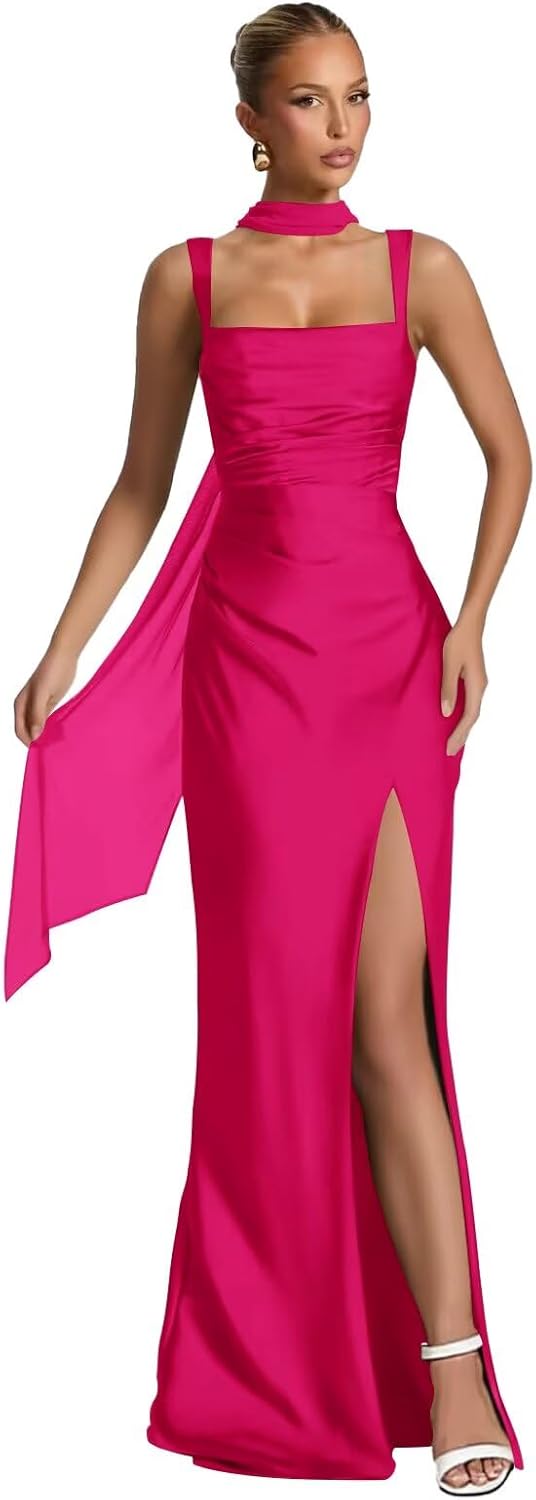 Xijun Satin Bridesmaid Dresses with Scarf Mermaid Spaghetti Straps Square Neck Pleated Long Prom Formal Dress