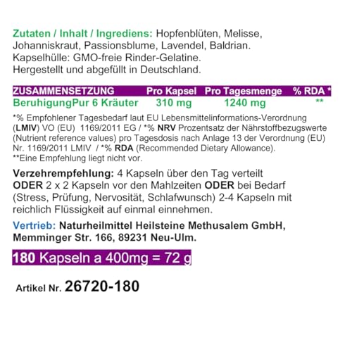 BERUHIGUNG, ENTPANNUNG 180 Kapseln PFLANZLICHES Beruhigungsmittel mit Baldrian Hopfen Melisse Lavendel Johanniskraut Passionsblume. Natürliche BERUHIGUNGSKAPSELN. OHNE ZUSATZSTOFFE. 26720-180