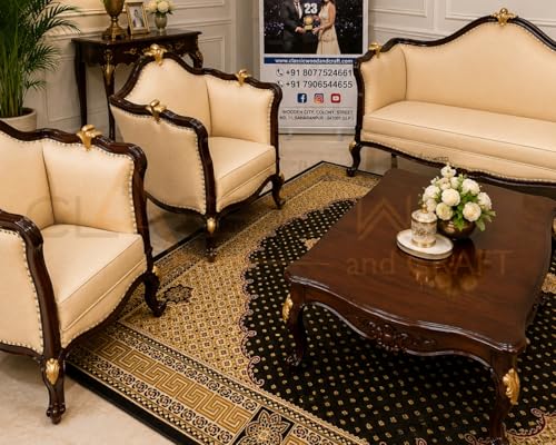 Image of Classic Wood and Craft 3+2+1+1 Wooden Sofa Set Center Table Victorian Handcrafted Teak Wood Living Room Furniture Rich Walnut Finish Gold Accents & Beige Upholstery Elegant Royal Style Home