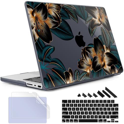 May Chen for 2026 MacBook Pro 14-inch M5 M4 M3 M2 M1 Pro/Max Chip, Release 2026 2025-2021, Model A3427 A3426 A3434 A3112 A3401 A3185, Plastic Hard Shell with Keyboard Cover, Golden Lilies Flowers