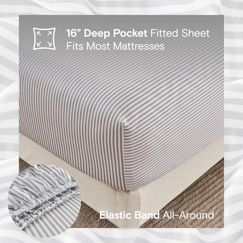 Sijo AiryWeight Tencel Sheet Set, 100% Lyocell Derived from Eucalyptus, Buttery Soft, Architectural Digest 2022 Best Cooling Sheets Winner - 4pc - 2 Pillowcases 1 Fitted 1 Top (Stripe, Cal King)