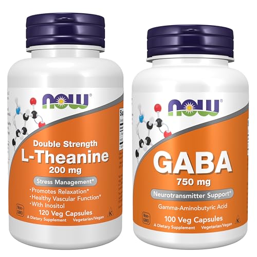 NOW Foods Supplements L-Theanine 200 mg with Inositol Stress Management* 120 Veg Capsules with Now Supplements GABA (Gamma-Aminobutyric Acid) 750mg 100 Veg Capsules