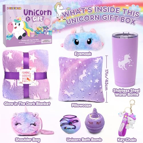 Tacobear Einhorn Geschenke für Mädchen 5 6 7 8 9 10 11 Jahren Einhorn Kuscheldecke Leuchtend Kissenbezug Edelstahl Thermosflaschen 500ml Badebomben Umhängetasche Augenmaske Geburtstag Geschenk Mädchen