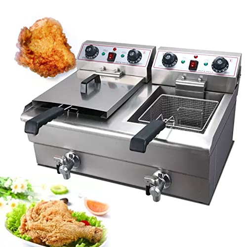 Image of Deep Fat Fryer, Multi Cooker, Stainless Steel Chip with Lids & Oil Basket, Temperature Control with Silver Lid & Copper Draining Faucet, Electric for Commercial or Home Uses(10lx2)