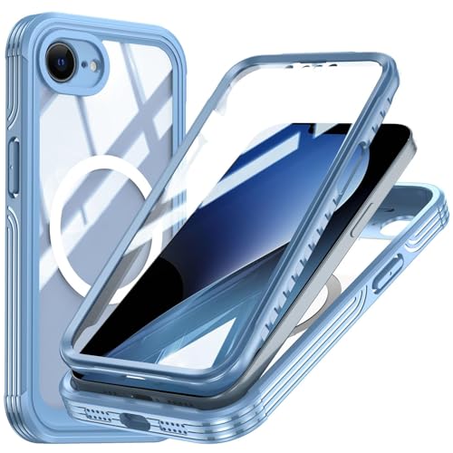 Coque intégrale iPhone 17E transparente double face avec aimant de charge bleu