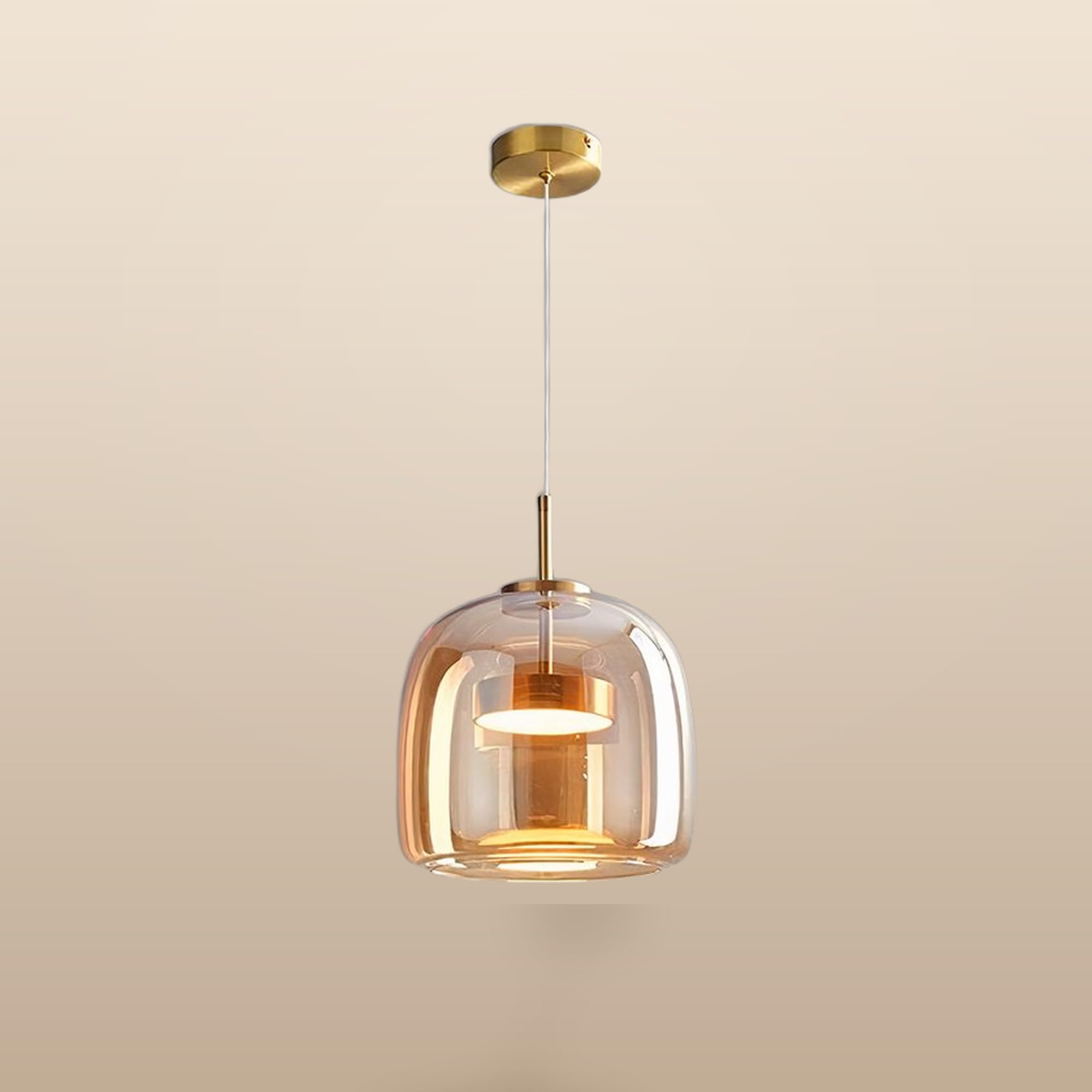 Générique Suspension Verre Fumé LED Intégrée Ø26 cm Dorée, Lampe Suspendue Verre Ambré Double Paroi, Blanc Chaud, LED de Rechange Incluse, Câble Réglable 230 cm, Salon Cuisine Salle à Manger