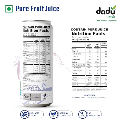 Image of Dadu Fresh Blueberry Juice | Pure Natural Fruit Healthy Beverage | Not from Concentrate, No Added Sugar, No Preservatives or Artificial Flavours | Vitamin Rich & Naturally Refreshing | 4 Cans x 320ml (1280ml)