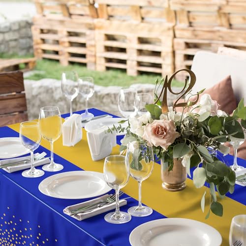 Image of 12Pcs Blue Gold Tablecloth Party Decorations,Plastic Royal Blue Table Cloth Printed Gold Tables Runner Disposable Rectangle Table Cover for Birthday Anniversary Wedding Graduation Party,54 x108 Inch