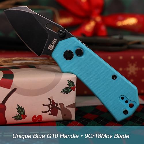 Image of JIN Rhino Pocket Knife, Button Lock Folding EDC Knife Kit, 2 inch 9Cr18MoV Steel Blade, Stonewash Finish, Blue G10 Handle, Lightweight Knives Gift for Men Women