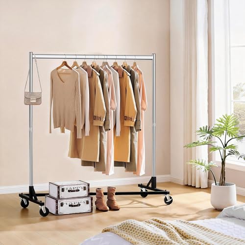 Image of Hoctieon Z Rack, Rolling Clothes Racks with Z-Base, Heavy Duty Garment Rack, Clothing Racks for Hanging Clothes, Sturdy Metal Hanging Holder, Clothes Organizer Rack, Chrome