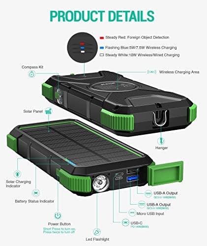 BLAVOR Solar Power Bank, PD 18W QC3.0 Fast Charging 10W Wireless Charger 20000mAh Solar Powered Powerbank, Type C Input/Output, IPX5 Waterproof, Camping Flashlight, Compass, Carabiner(Dark Green)