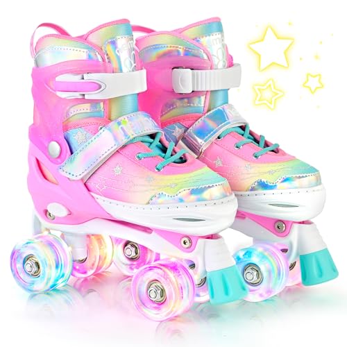 Beginner Roller Skates With ABEC-7 Bearings HXWY Rainbow Roller Skates For Kids - Adjustable Light-Up Wheels For Beginners Indoor Outdoor Roller Skates Adjustable Size - View #4