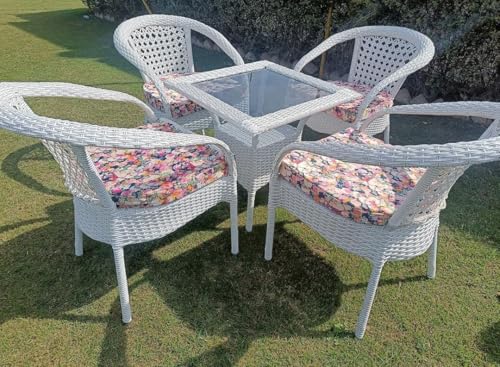 Image of PRATHAM India Patio 4+1 Furniture Set Bistro Set Porch Backyard Garden Outdoor Furniture Rattan Chairs and Table Wicker Conversation Set (White with Black Lines, Multicolor Cushion 4+1 Square Table)